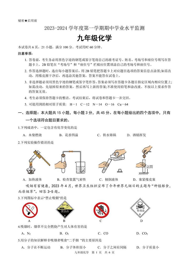 广东省韶关市新丰县2023-2024学年九年级上学期期中考试化学试题第1页