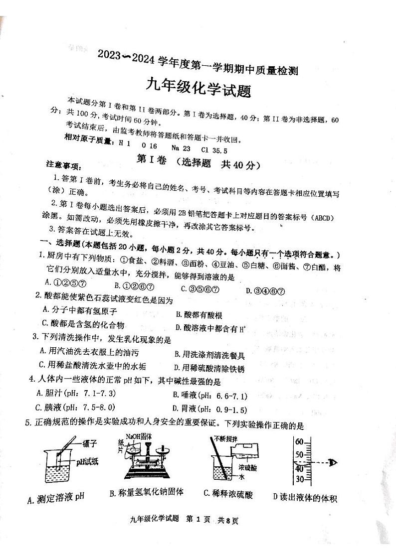 山东省泰安市东平县2023-2024学年九年级上学期11月期中考试化学试题第1页