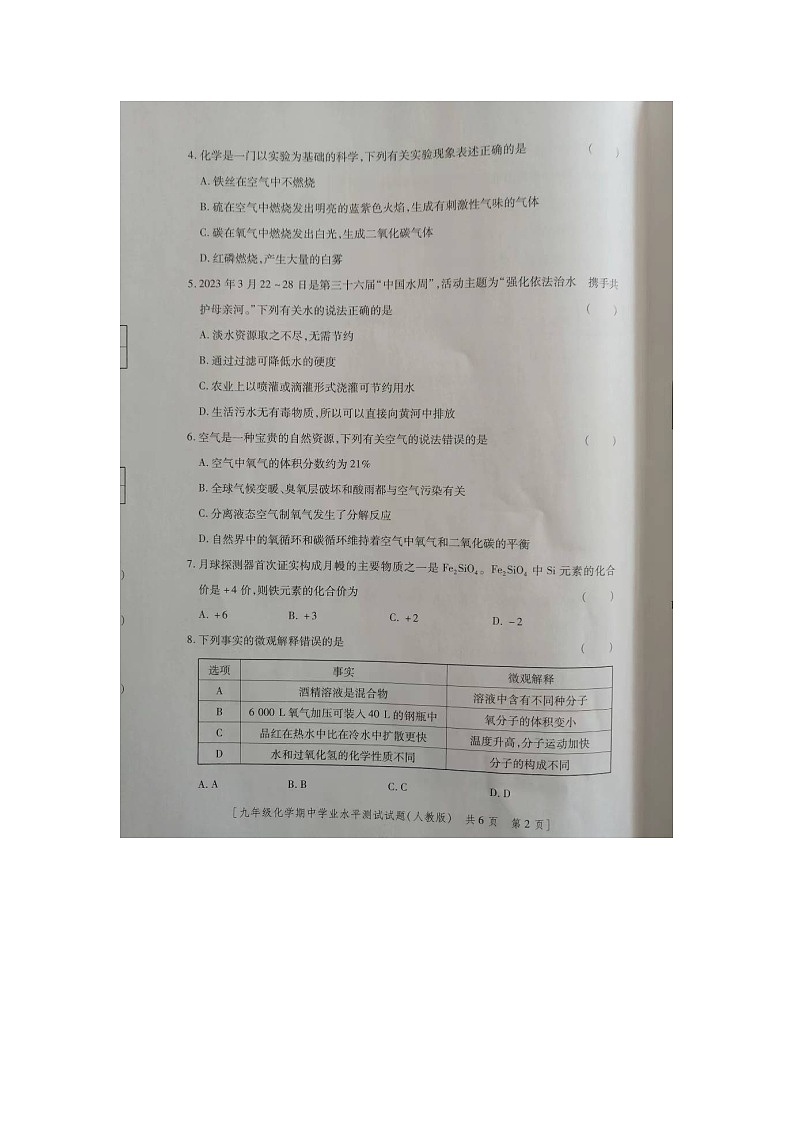 陕西省咸阳市永寿县店头中学2023-2024学年九年级上学期期中检测化学试题02