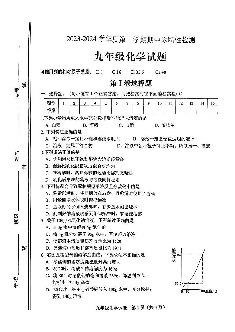 山东省淄博市淄川区2023-2024学年九年级上学期11月期中化学试题01