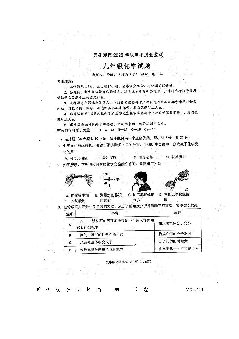湖北省鄂州市梁子湖区2023-2024学年九年级上学期期中考试化学试题01
