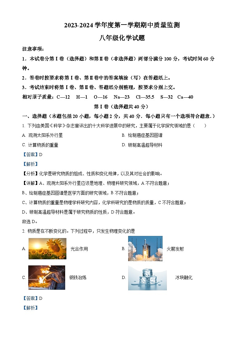 山东省泰安市宁阳县2023-2024学年八年级上学期期中化学试题（解析版）01