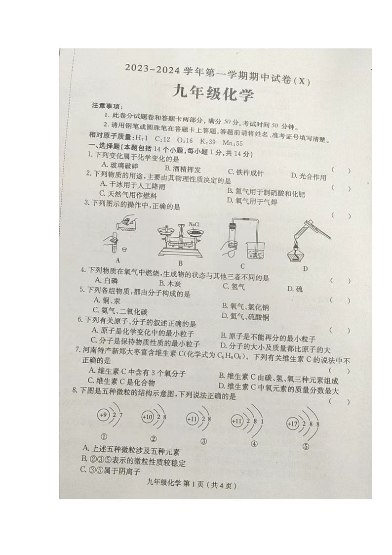 河南省周口市郸城县实验中学2023-2024学年九年级上学期期中考试化学试卷01