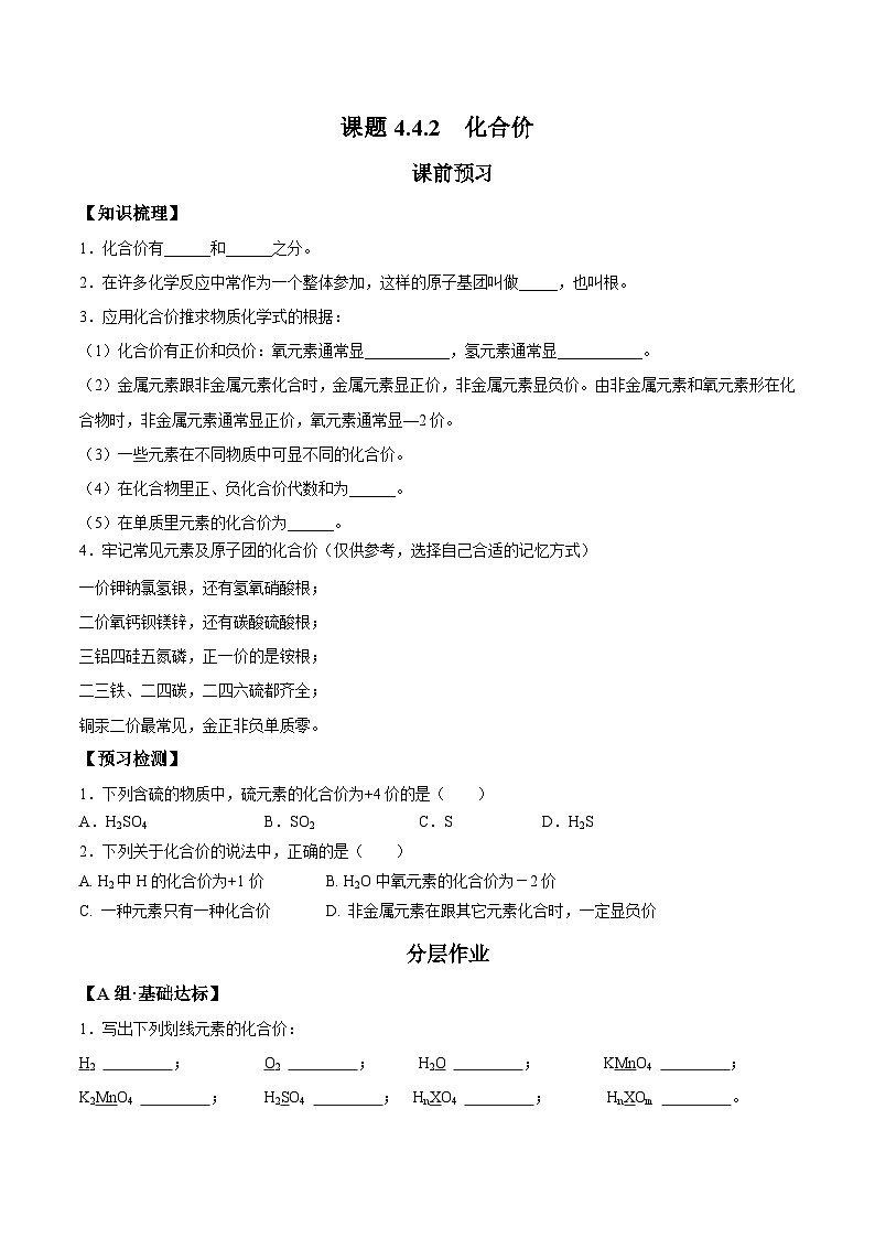 人教版九年级化学上册课题4.4.2 化合价-九年级化学上册同步分层作业01