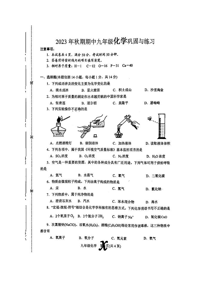 河南省南阳市内乡县2023-2024学年九年级上学期11月期中化学试题第1页