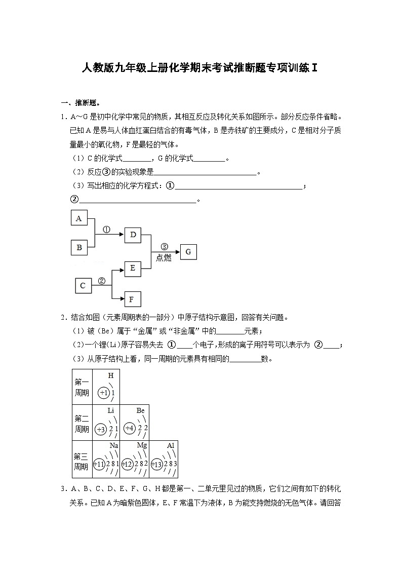 人教版九年级上册化学期末考试推断题专项训练Ⅰ（原题卷）01