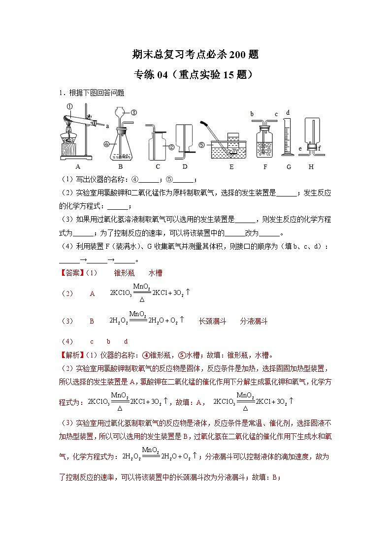 人教版九年级上册化学 专练04（重点实验15题）（原卷版）01