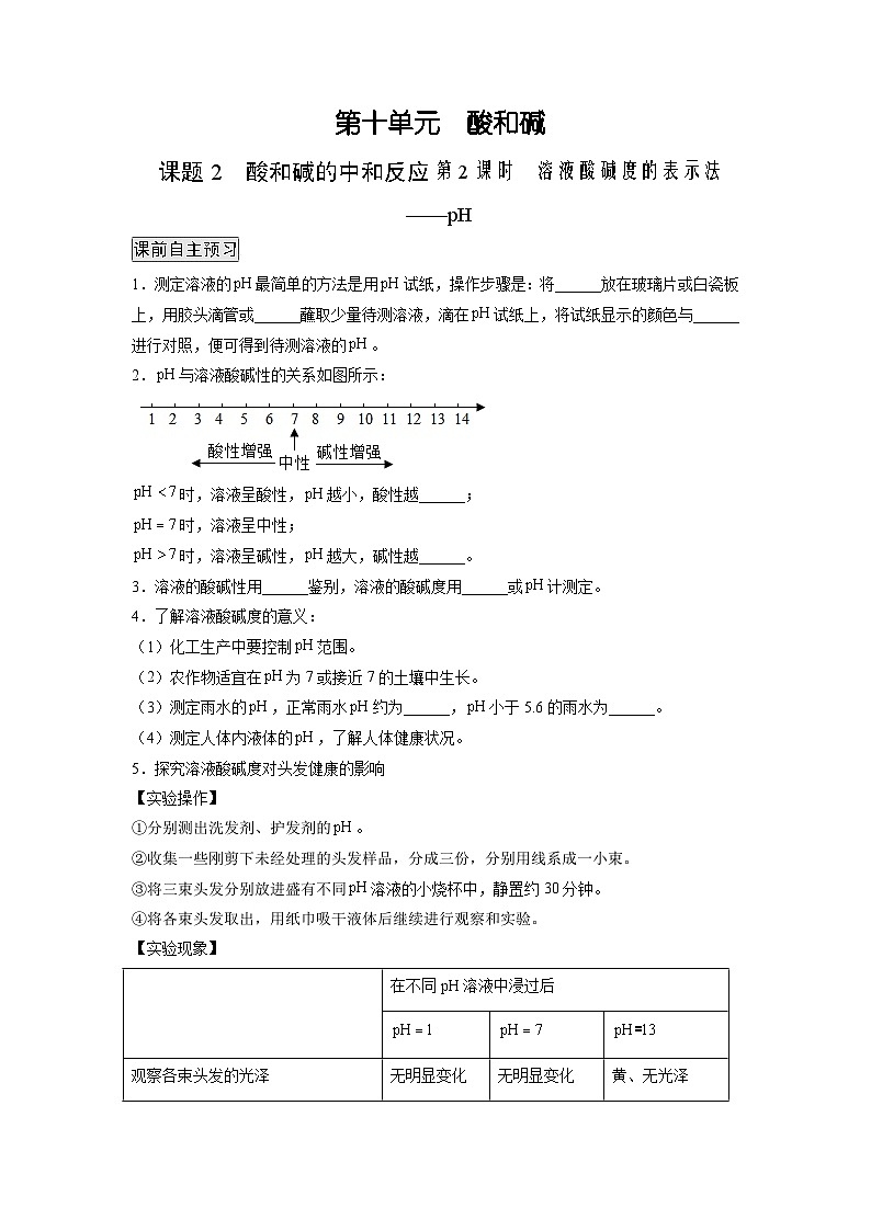 人教版九年级化学下册同步练习10.2.2 溶液酸碱度的表示法——pH（原卷版）第1页