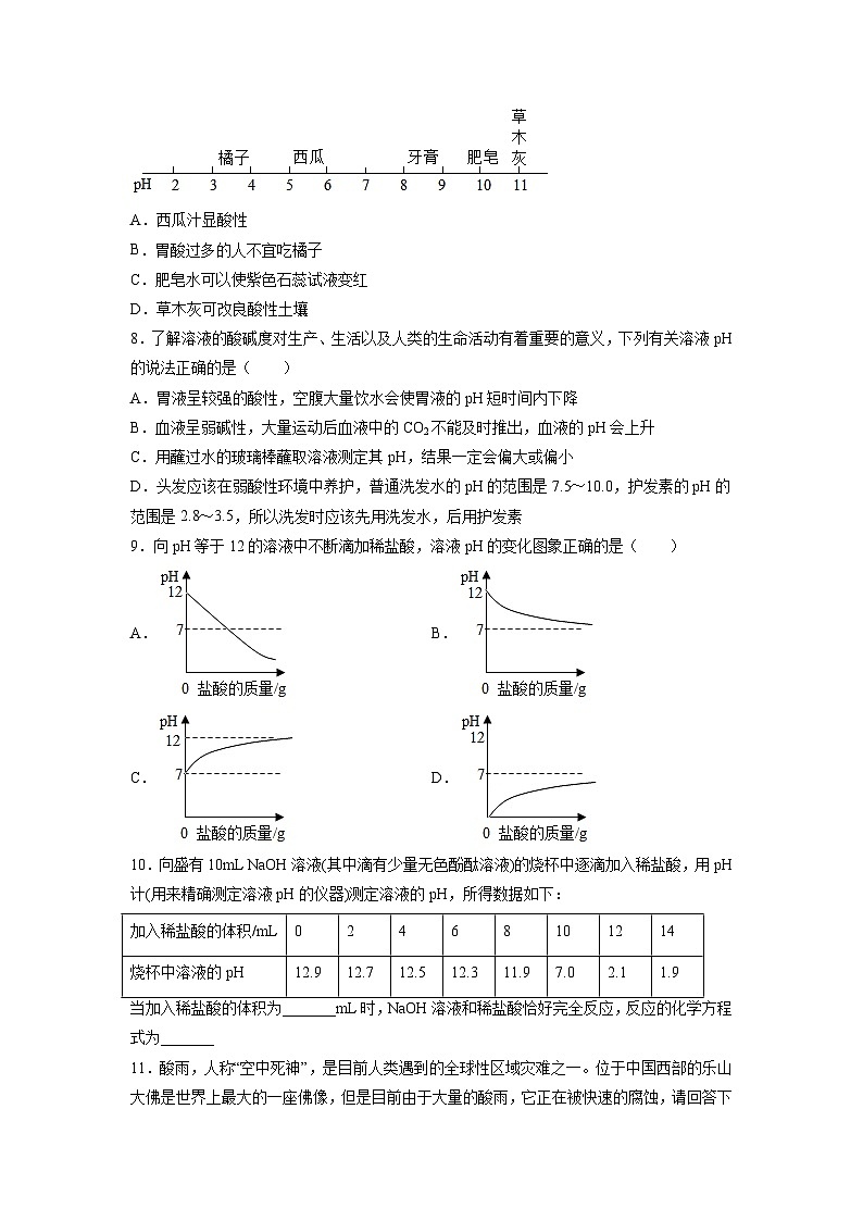 人教版九年级化学下册同步练习10.2.2 溶液酸碱度的表示法——pH（原卷版）第3页