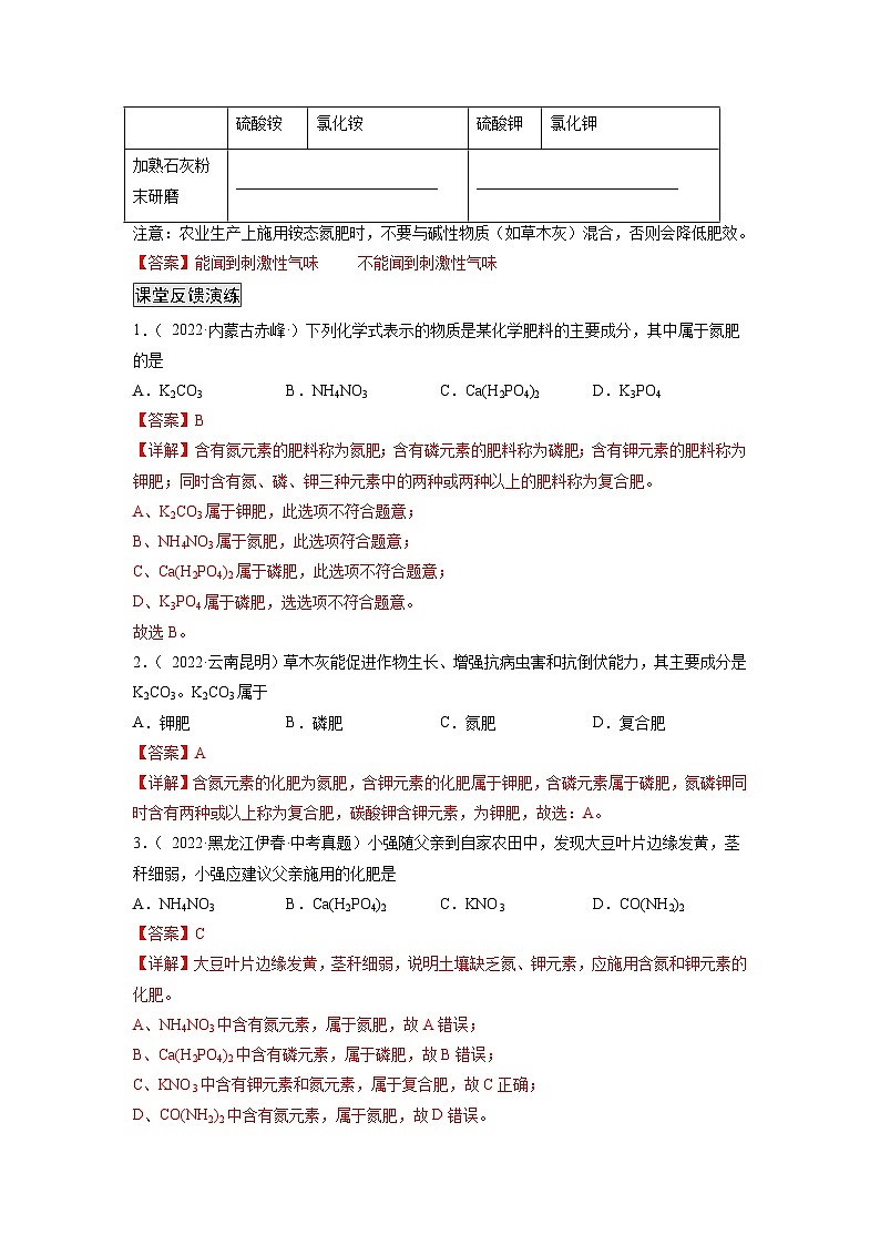 人教版九年级化学下册同步练习11.2 化学肥料（原卷版）+解析卷02