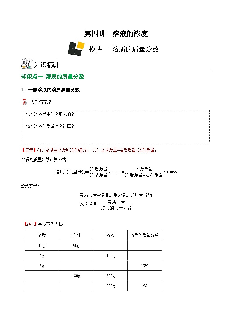 人教版九年级化学下册《专题训练》第4讲 溶液的浓度-溶质的质量分数 （解析版）第1页