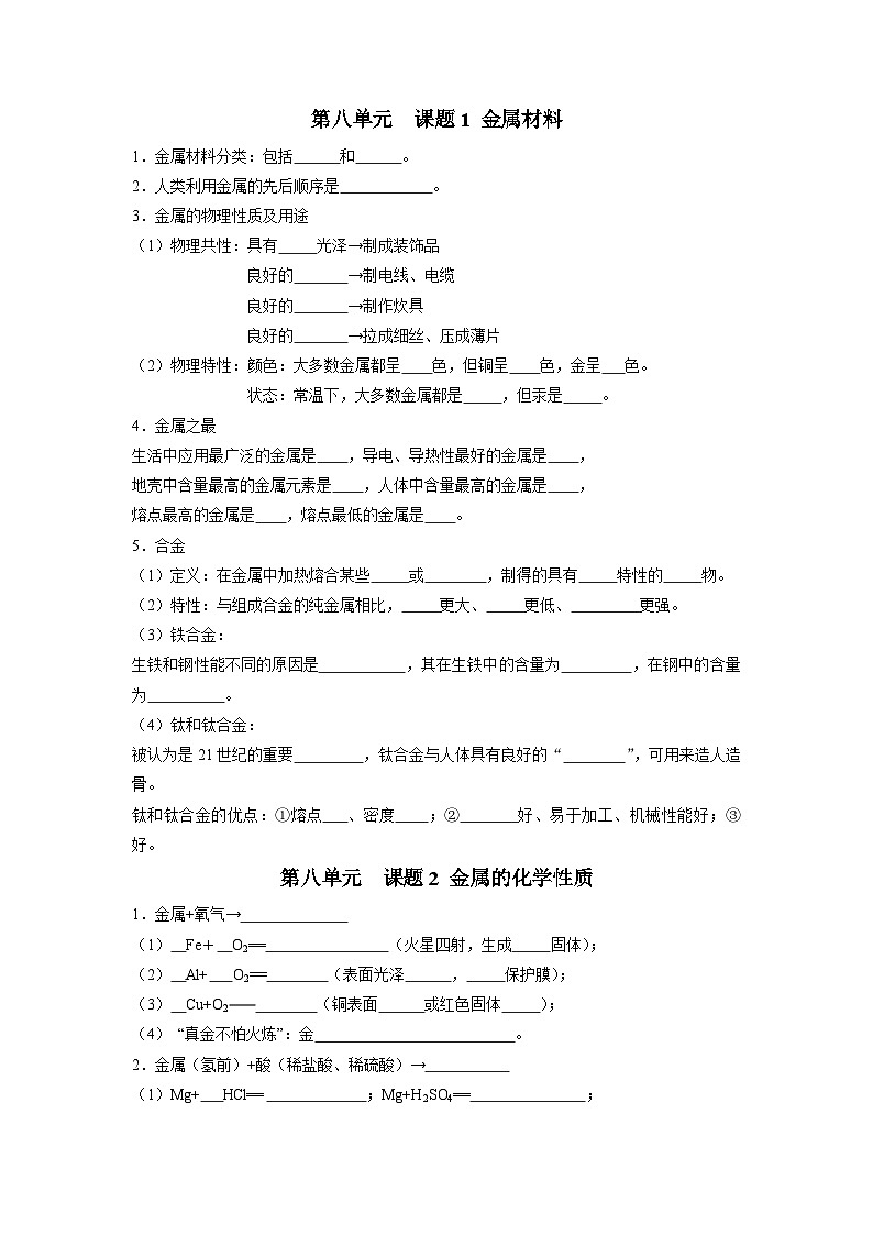 人教版九年级下册化学知识点总结 第八单元 金属和金属材料（人教版）（测试版）01