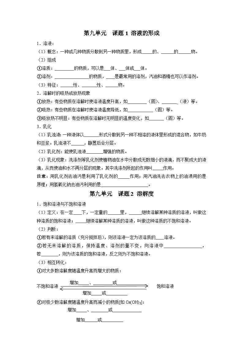 人教版九年级下册化学知识点总结 第九单元 溶液（人教版）（测试版）01