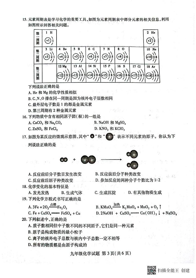 山东省临沂市兰山区2023-2024学年九年级上学期期中考试化学试题03
