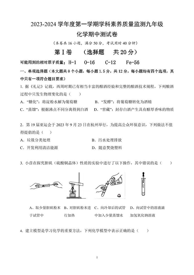 广东省深圳市龙岗区2023-2024学年九年级上学期期中测试化学试卷第1页