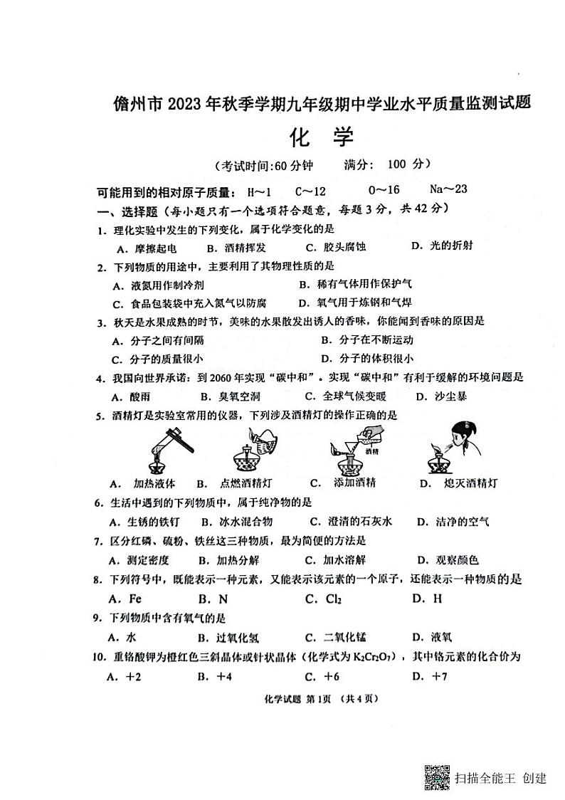 海南省儋州市2023-2024学年九年级上学期11月期中化学试题01