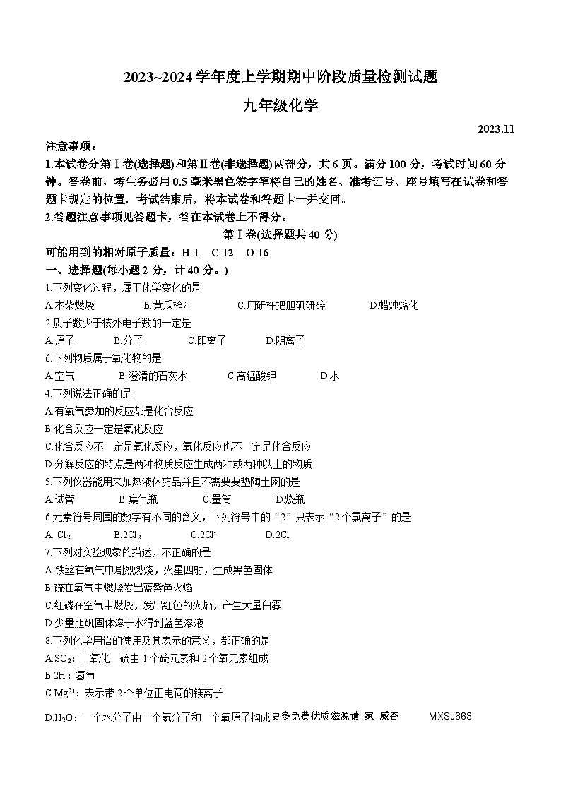 13，山东省临沂市兰山区2023-2024学年九年级上学期化学期中检测试题01