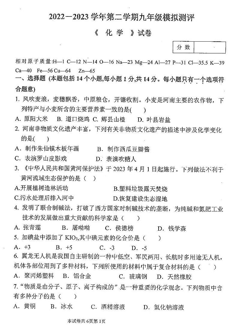 2023年河南省新乡市河南师范大学附属中学中考三模化学试题第1页