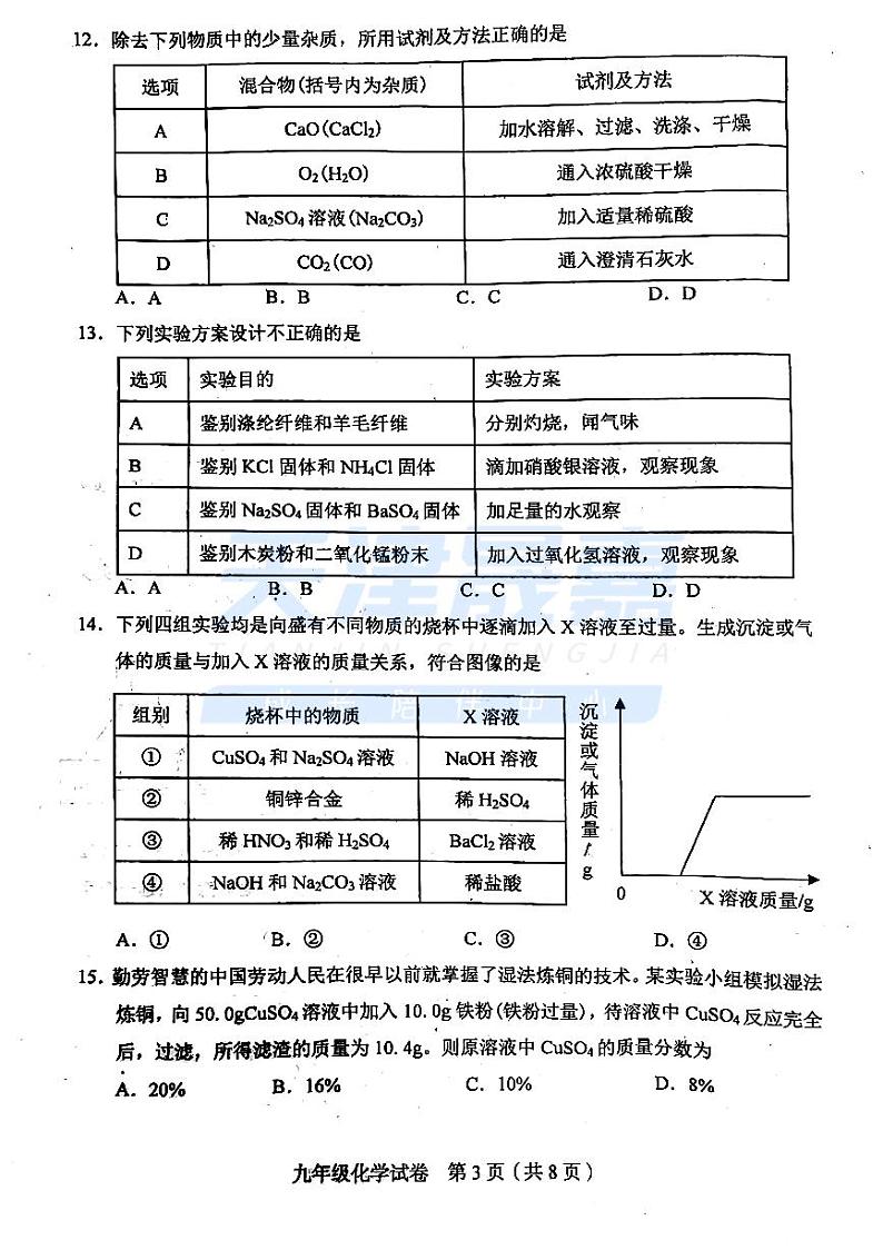 和平区2022-2023学年度下学期九年级中考一模化学试卷03