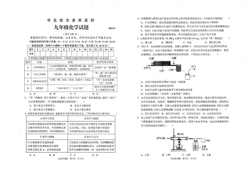 2023年山东省枣庄市薛城区中考一模化学试题01