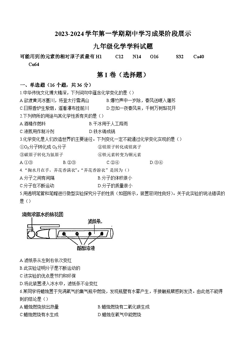 山东省德州市武城县2023-2024学年九年级上学期期中化学试题01