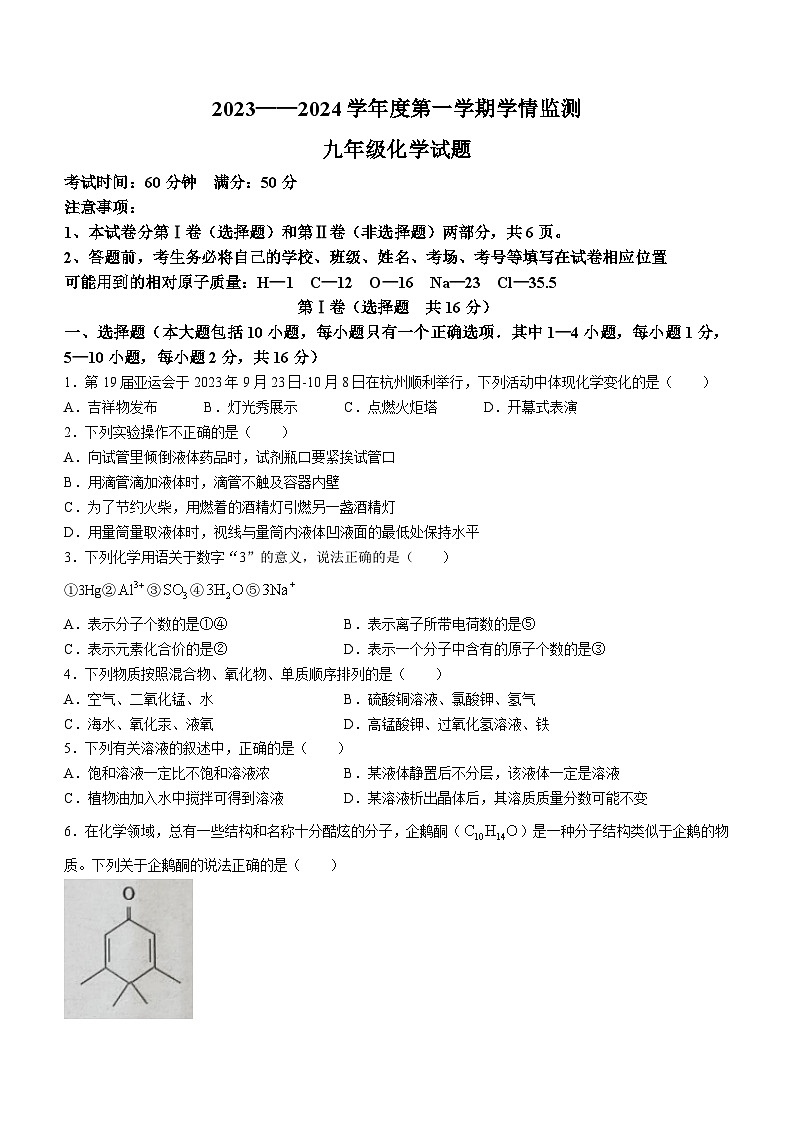 山东省金乡县2023-2024学年九年级上学期化学期中试题第1页