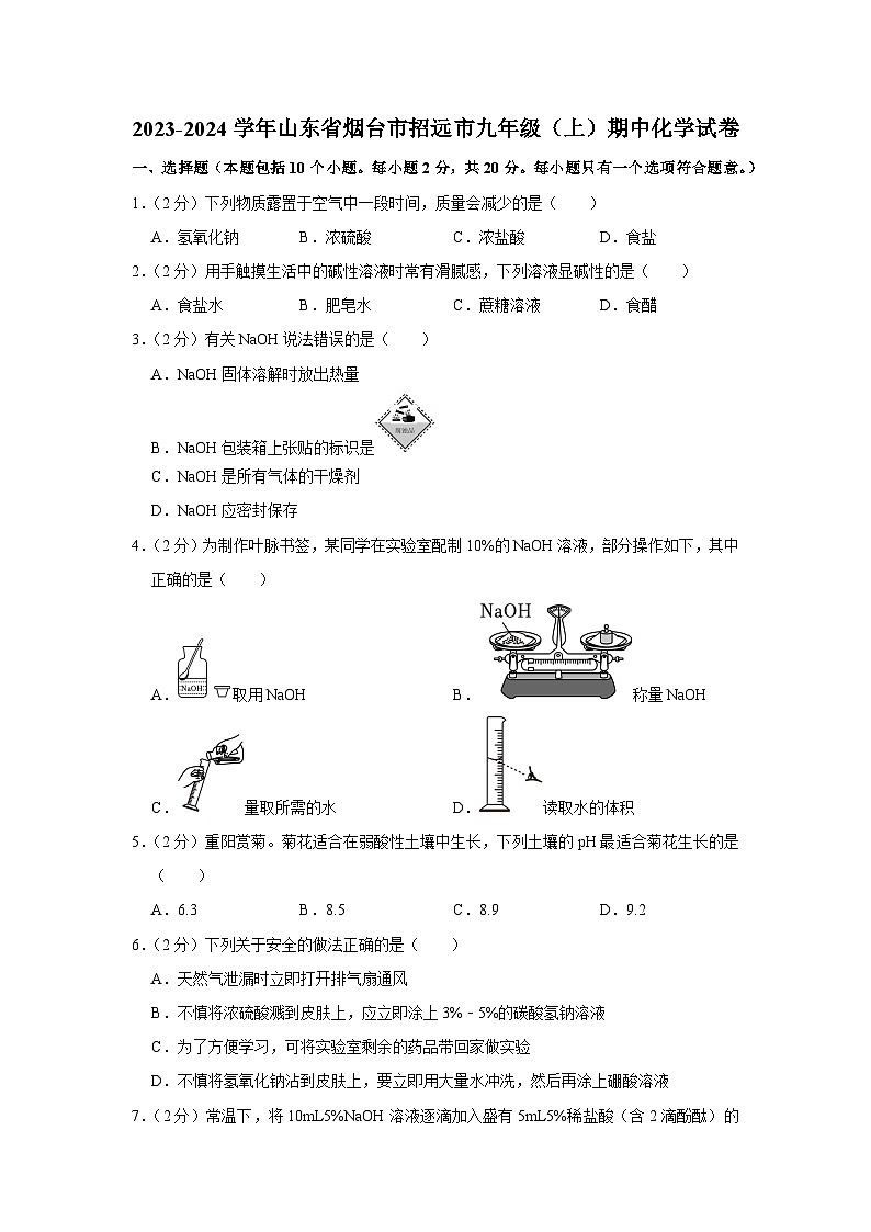 2023-2024学年山东省烟台市招远市九年级（上）期中化学试卷01