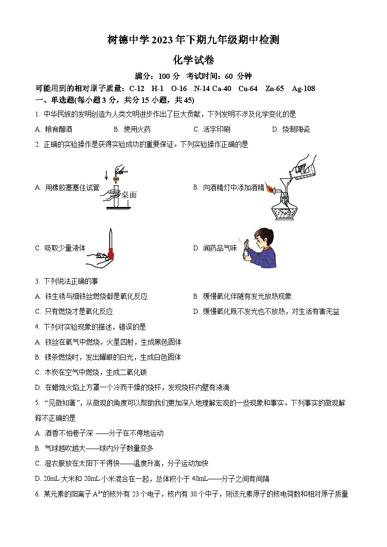 湖南省郴州市永兴县树德教育集团2023-2024学年九年级上学期期中化学试题第1页