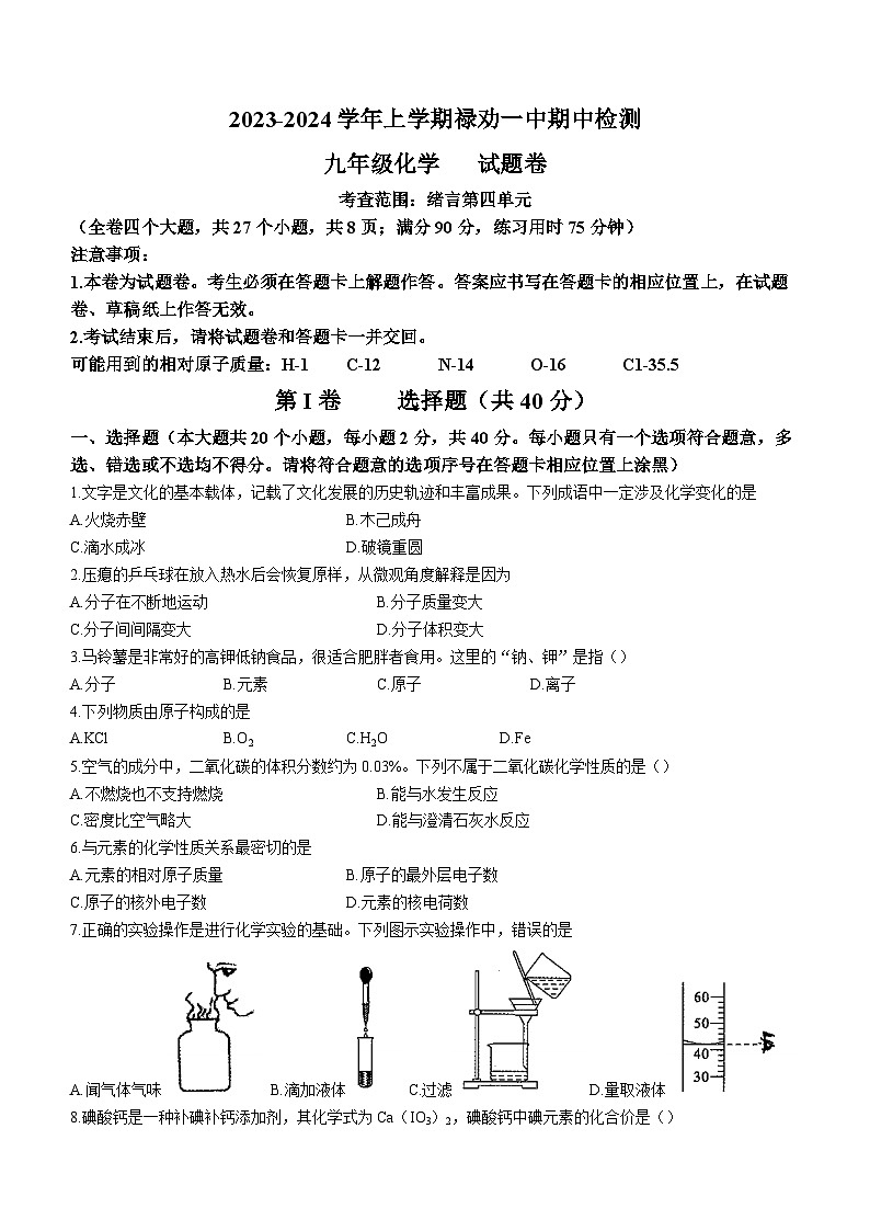 云南省昆明市禄劝彝族苗族自治县第一中学2023-2024学年九年级上学期期中化学试题01