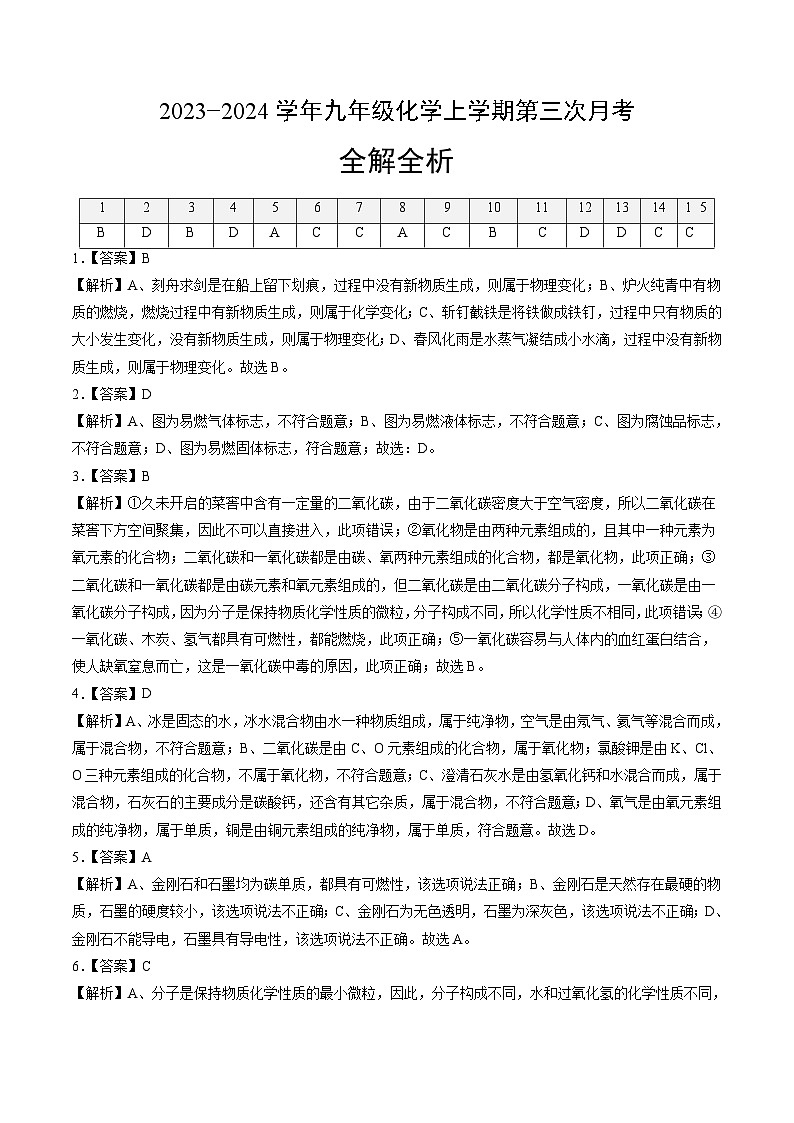 九年级化学第三次月考卷02（广东专用，人教版绪言~第六单元）-2023-2024学年初中上学期第三次月考01