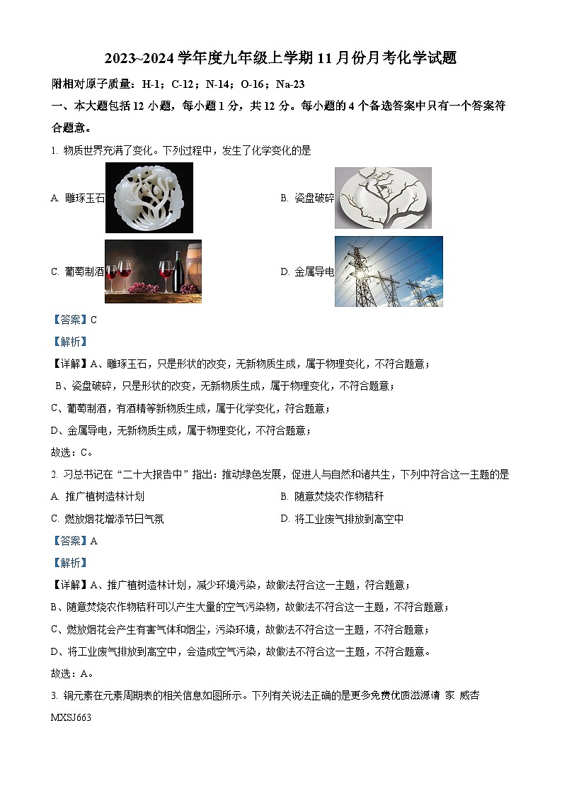 安徽省安庆市桐城市杨公中学2023~2024学年九年级上学期11月份月考化学试题（解析版）第1页