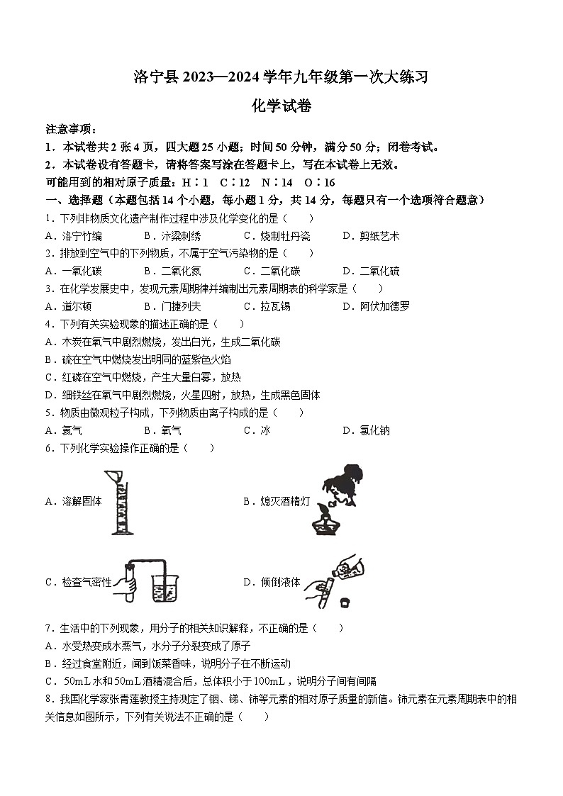 河南省洛阳市洛宁县2023-2024学年九年级上学期11月期中化学试题第1页