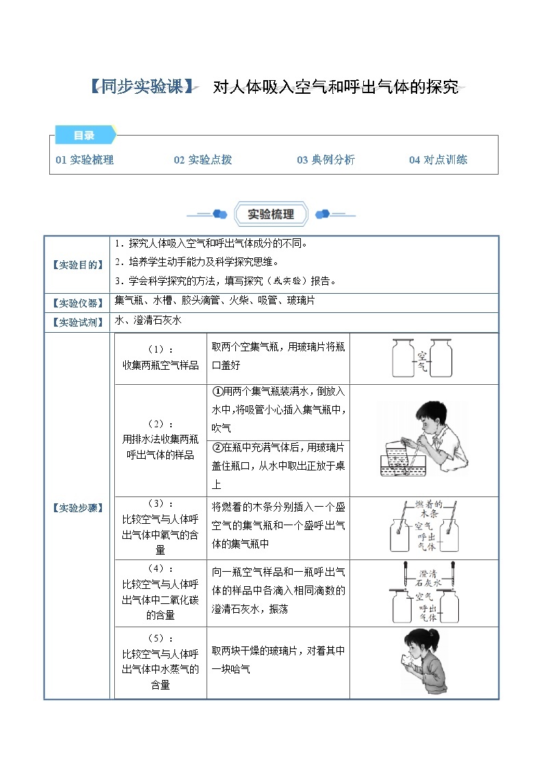 实验03 对人体吸入空气和呼出气体的探究-【同步试题】2023-2024学年九年级化学上册教材实验大盘点（人教版）01