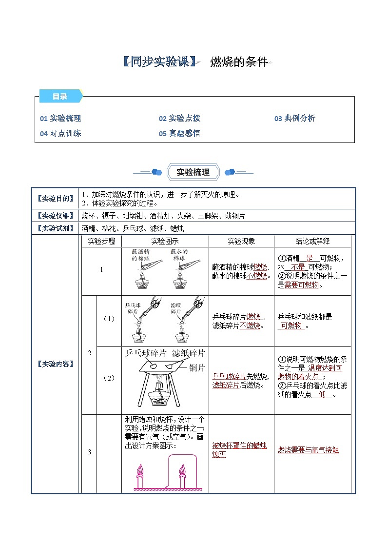 实验11 燃烧的条件-【同步试题】2023-2024学年九年级化学上册教材实验大盘点（人教版）01