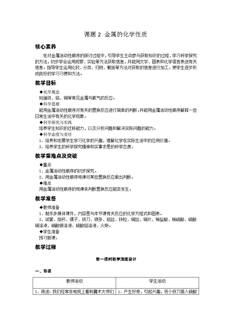 【基于核心素养的教学】课题2 《金属的化学性质》课件PPT（两课时）+教学设计+分层作业01