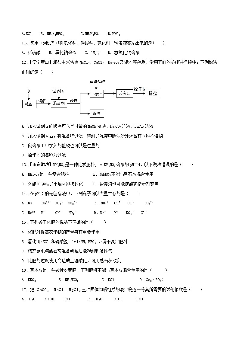 第十一单元 盐 化肥单元测试卷（B卷提升篇）（原卷版）第2页