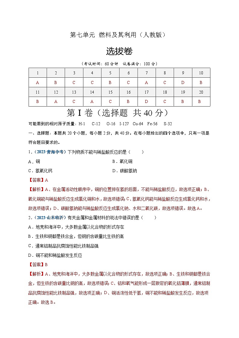 人教版九年级化学下册 第八单元   金属和金属材料（选拔卷）（原卷版）01