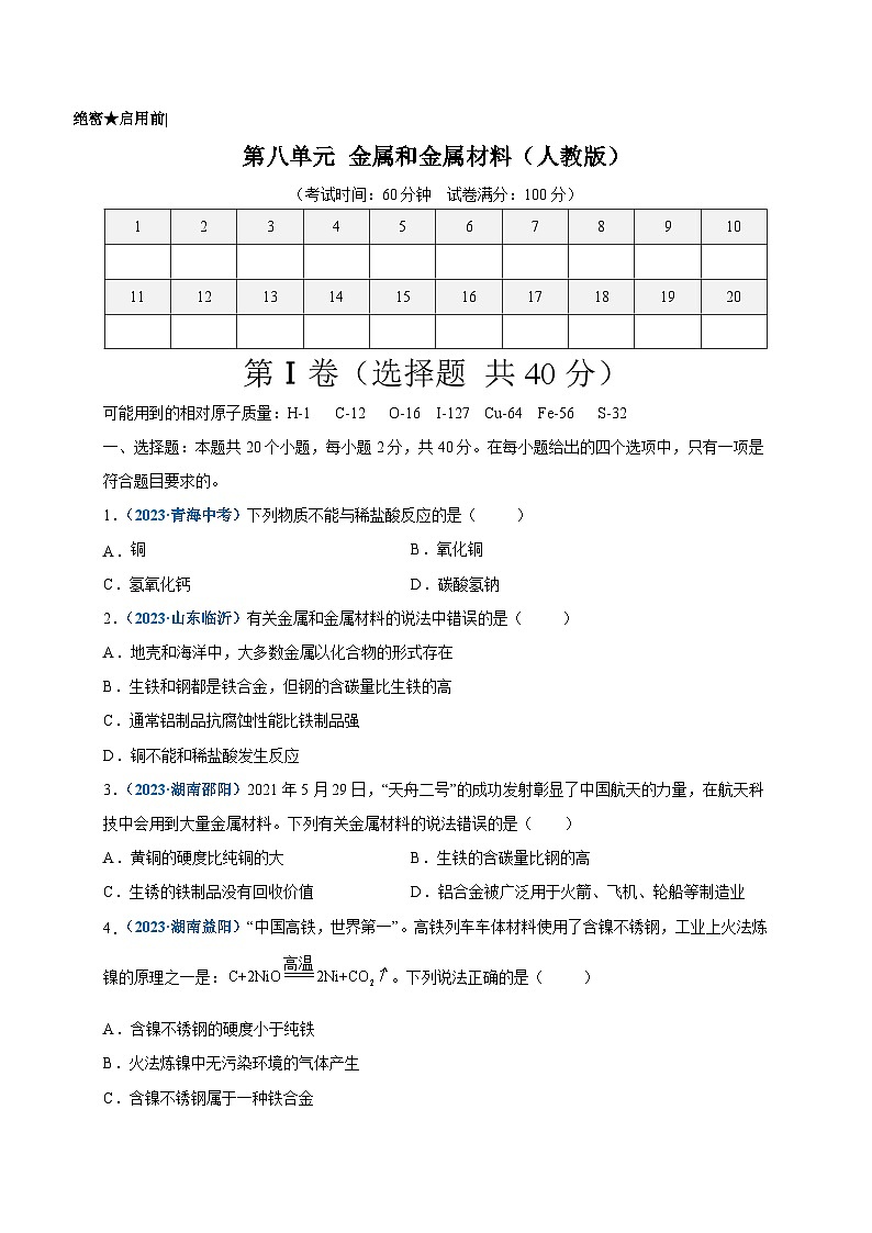 人教版九年级化学下册 第八单元   金属和金属材料（选拔卷）（原卷版）01