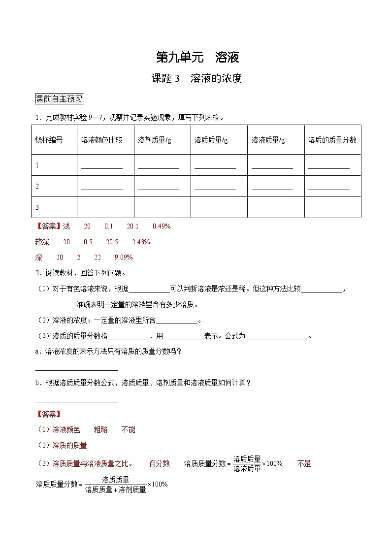 人教版九年级化学下册 9.3 溶液的浓度（原卷版）01