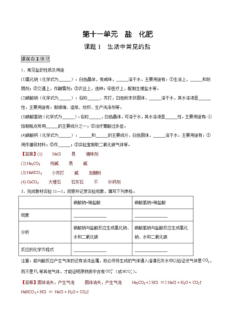 人教版九年级化学下册 11.1 生活中常见的盐（原卷版）01