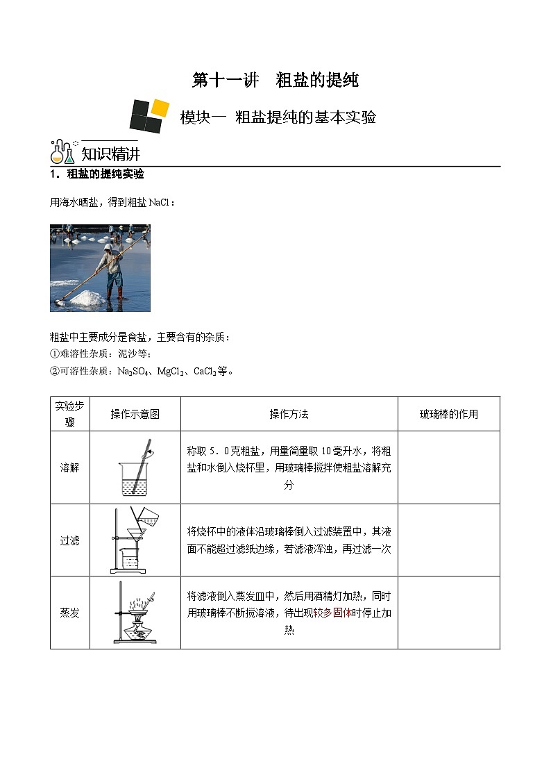 人教版九年级化学下册 第11讲 粗盐中难溶性杂质的去除（原卷版）01