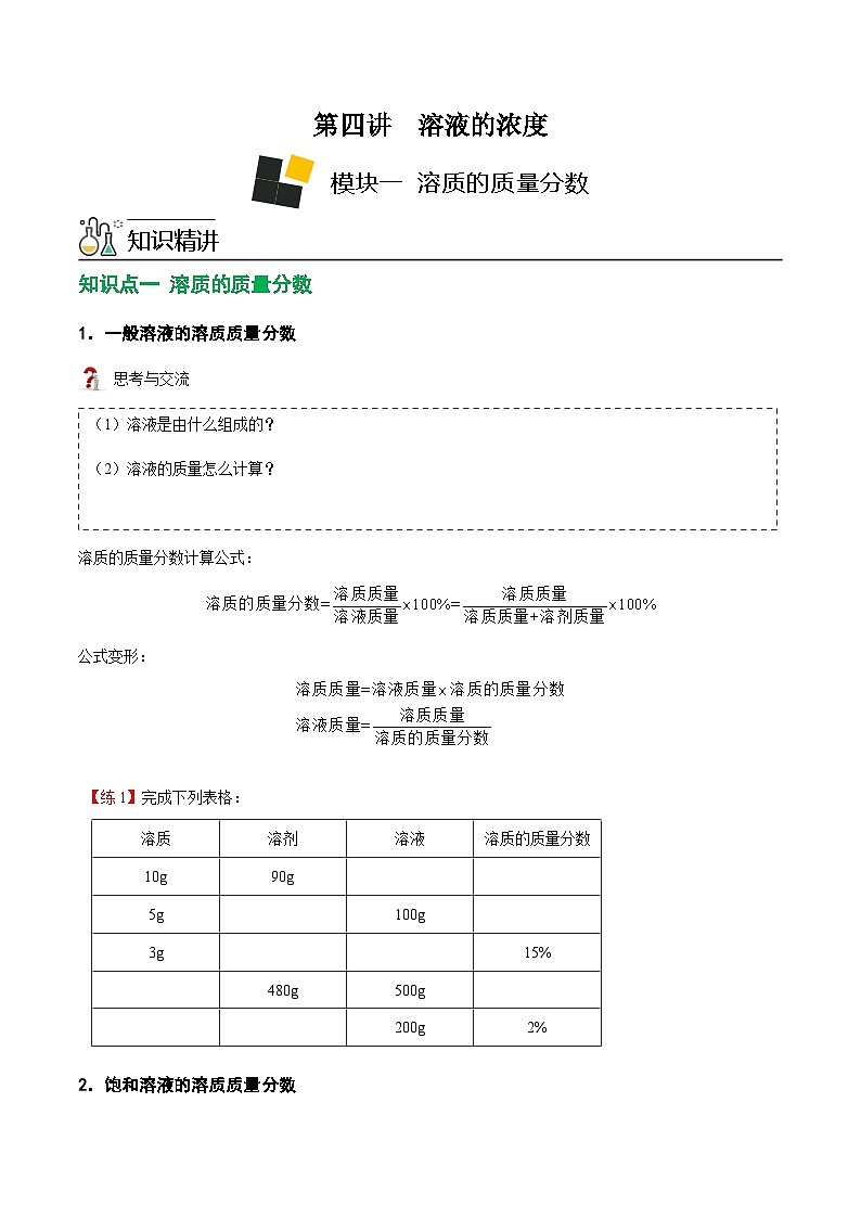 人教版九年级化学下册 第4讲 溶液的浓度-溶质的质量分数 （原卷版）第1页
