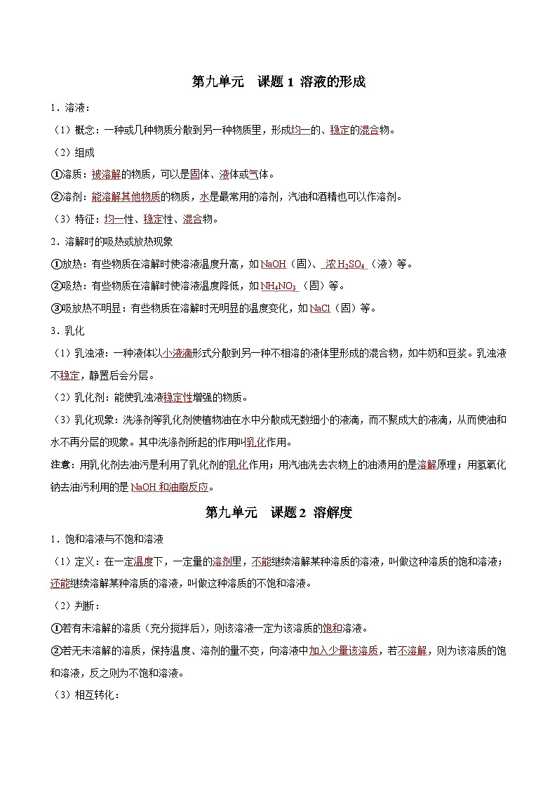 人教版九年级化学下册 第九单元 溶液（人教版）（记忆版）知识总结01
