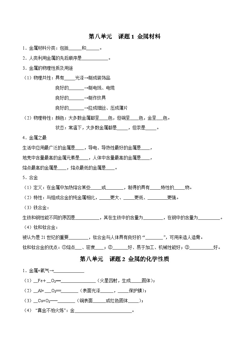 人教版九年级化学下册 第八单元 金属和金属材料（人教版）（测试版）知识总结01