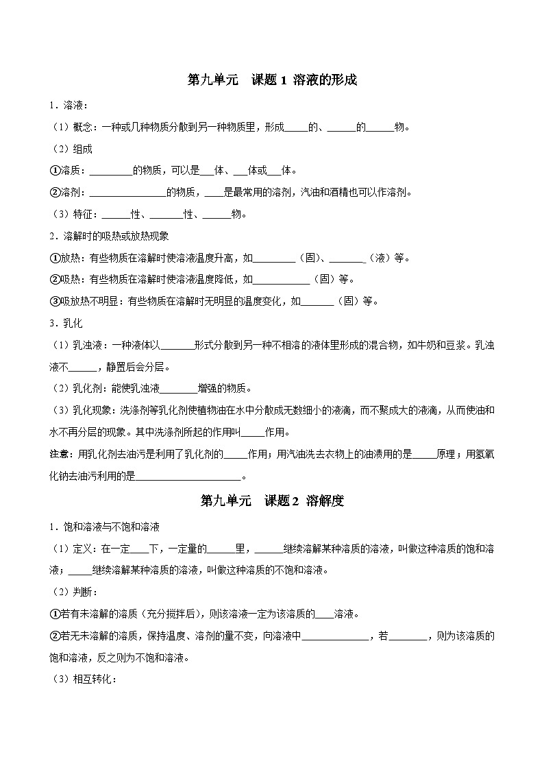 人教版九年级化学下册 第九单元 溶液（人教版）（测试版）知识总结01