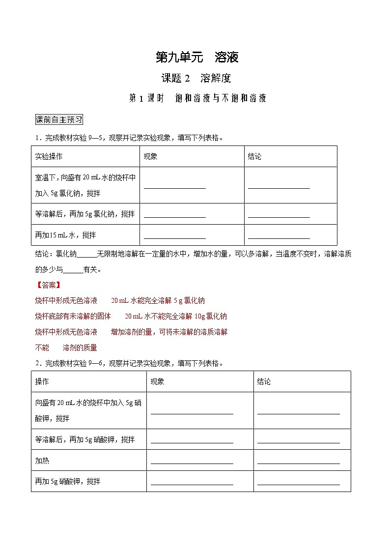 人教版九年级化学下册 9.2.1 饱和溶液与不饱和溶液（原卷版+解析版）01