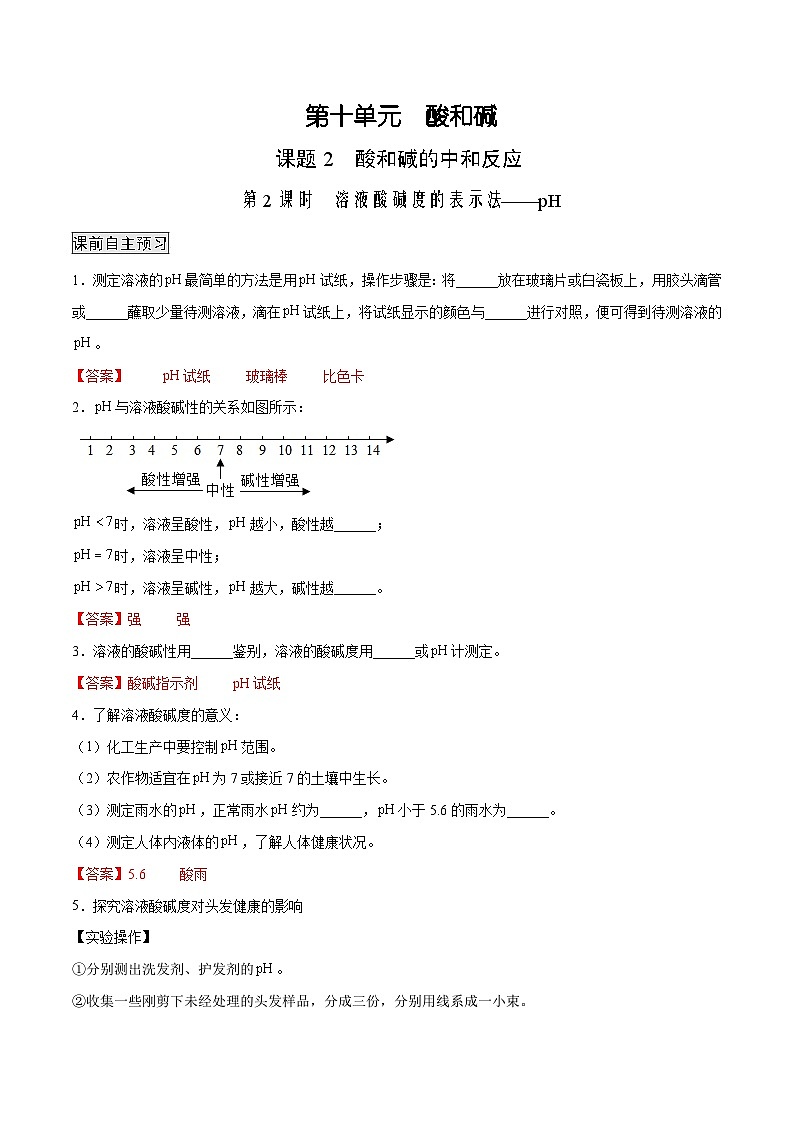 人教版九年级化学下册 10.2.2 溶液酸碱度的表示法——pH（原卷版+解析版）01