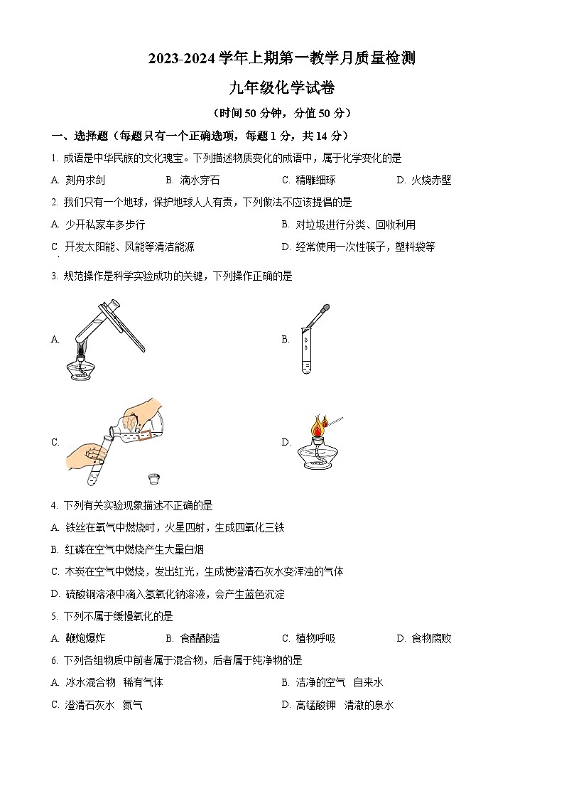 河南省三门峡市灵宝市秦岭学校2023-2024学年九年级上学期10月月考化学试题（解析版）第1页