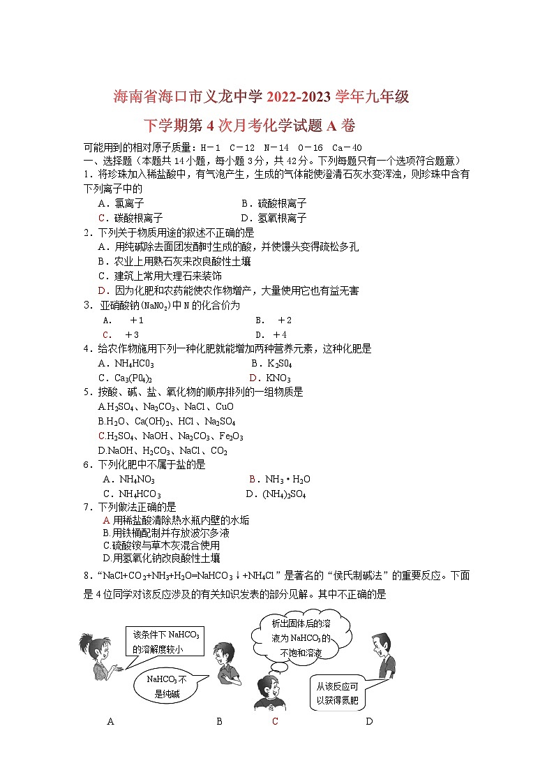 海南省海口市义龙中学2022-2023学年九年级下学期第4次月考化学试题A卷第1页