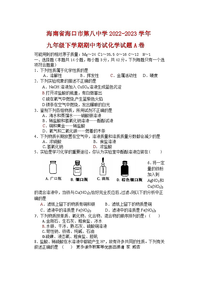 海南省海口市第八中学2022-2023学年九年级下学期期中考试化学试题A卷第1页